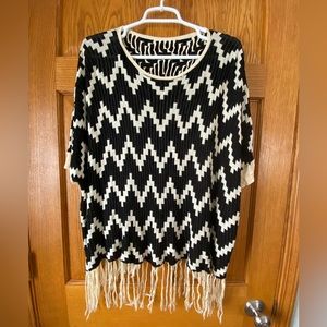 Black and White/Cream Chevron Poncho Top With Fringe